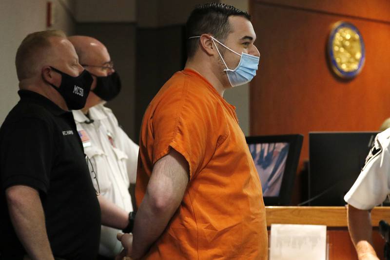 Jonathan Van Duyn is led into court with attorney Kim Messer of the McHenry County Public Defender's Office and Judge Robert Wilbrandt on Thursday, May 27, 2021, at the Michael J. Sullivan Judicial Center in Woodstock.