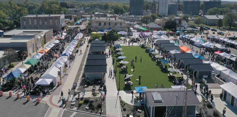 An aerial view of Mill Street and Market on Mill during the 55th annual Burgoo Festival on Sunday, Oct. 12, 2025 in Utica.