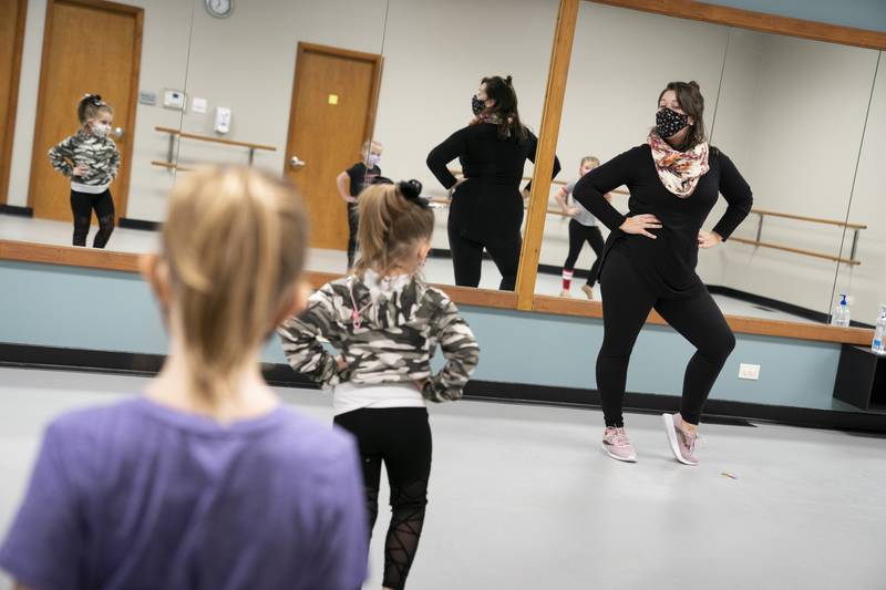 Instructor Molly Alfonso teaches during a Crystal Lake Park District Jazzy Hip Hop dance class on Friday, Jan. 22, 2021, at Grand Oaks Recreation Center in Crystal Lake. The Crystal Lake Park District was able to restart in-person events after the region met the state-required COVID-19 metrics to return to Tier 2 mitigations. Masks and social distancing are required for participants.