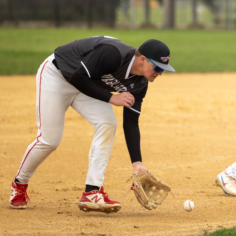 Brezdyn Simons (3) of Woodland/Flanagan-Cornell attempts to grounds ball on Thursday, April 17, 2025 at Woodland High School in Streator.