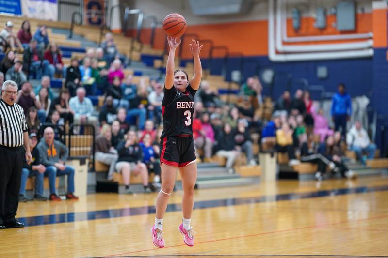 Benet’s Aria Mazza (3) shoots a three pointer against Waubonsie Valley during a Class 4A Oswego Sectional final basketball game at Oswego High School on Thursday, Feb 22, 2024.