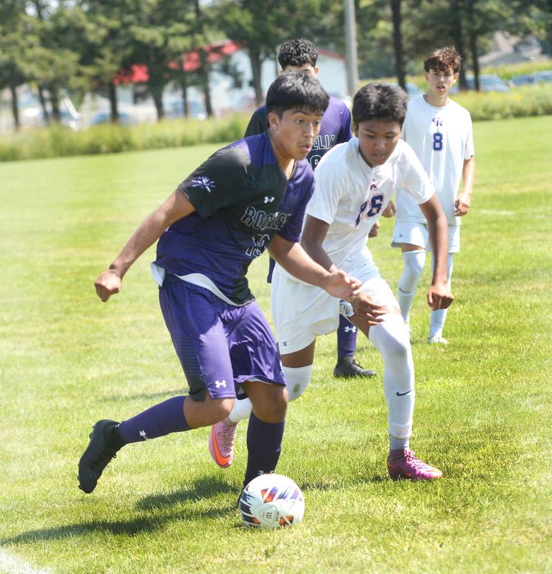 Rochelle's Danny Garcia (19) wins the ball against Genoa-Kingston on Saturday, Aug. 30, 2025 at the Oregon-Stillman Varsity Soccer Tourney at Oregon Park West.