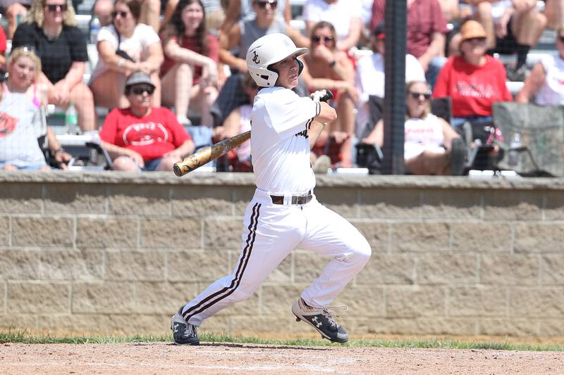 Joliet Catholic’s Tommy Kemp drives in a run against Spring Valley Hall in the Class 2A Geneseo Supersectional on Monday, May 29, 2023 in Geneseo.