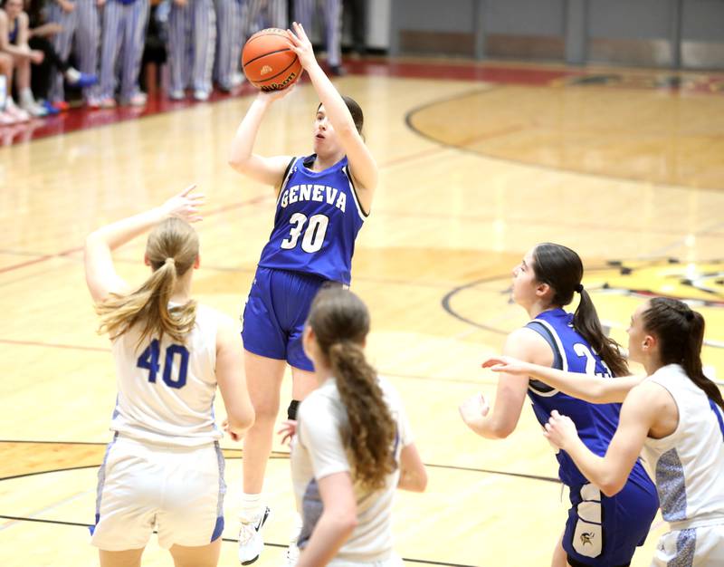 Geneva’s Keira McCann shoots the ball during a Class 4A Batavia Sectional semifinal game against St. Charles North on Tuesday, Feb. 20, 2024.