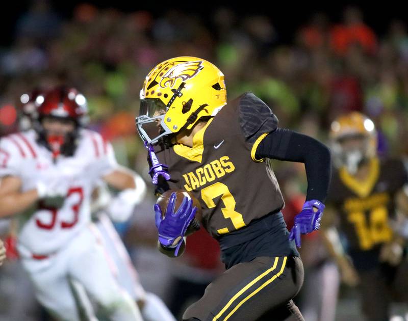 Jacobs’ Jaylen Langley returns a punt against Huntley in varsity football at Jacobs High School in Algonquin on Friday, Sept. 26, 2025.