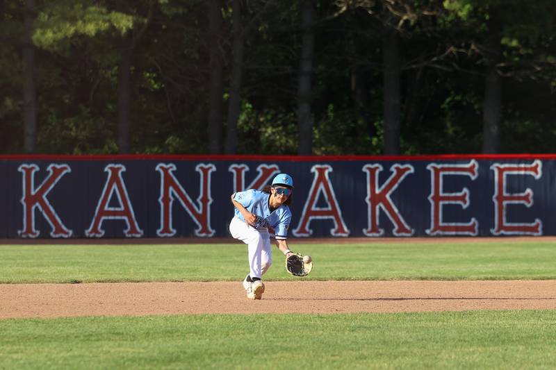 Kankakee's Anthony Andrade fields a grounder at shortstop during the Kays' 8-4 loss to Clifton Central on Monday, May 11, 2026.
