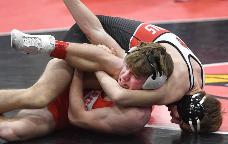 Oregon's Jackson Messenger tries to break a hold by Stillman Valley's Chase Jones in their 150-pound consolation final match at the 1A Stillman Valley Sectional on Saturday, Jan. 31, 2026 at Stillman Valley High School.