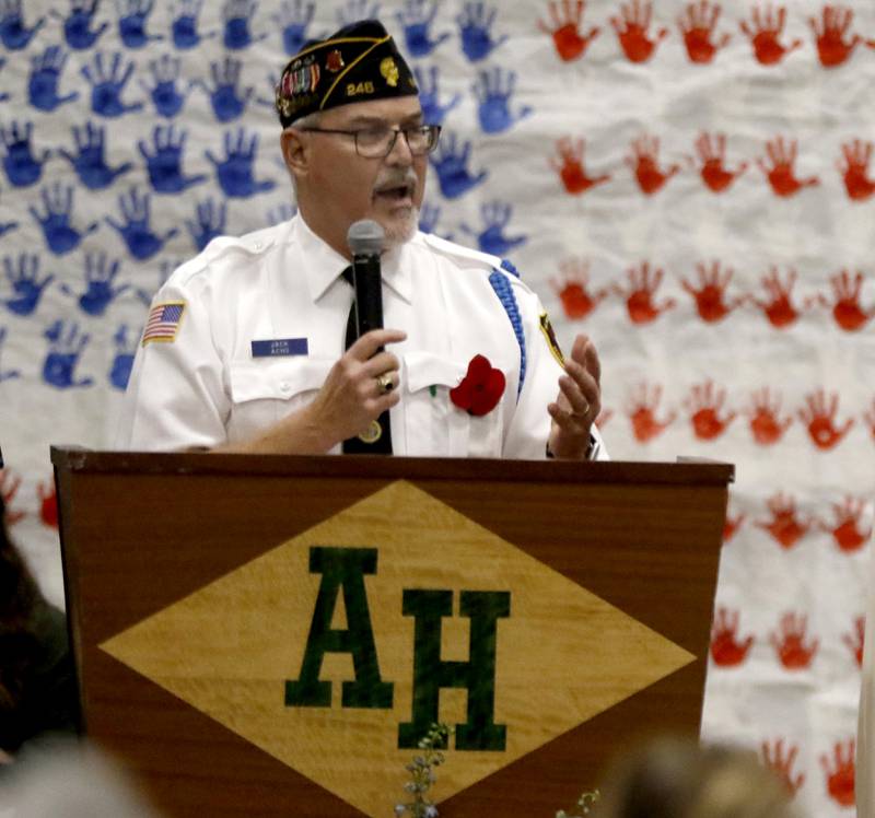 U.S. Army Retired Lt.. Col. Jack JH. Achs speaks during the Veterans Day ceremony Wednesday, Nov.8, 2023, at Alden-Hebron High School in Hebron.