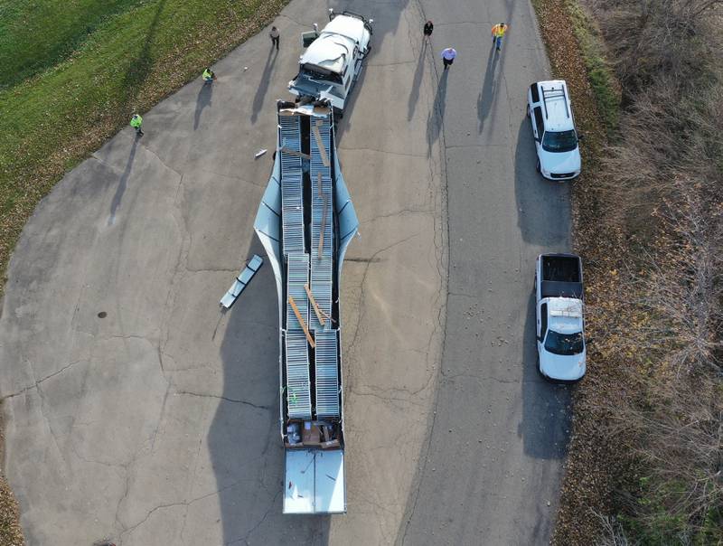 An aerial view of the semi truck that struck the bridge on Thursday, Nov. 16, 2023 in Princeton. Illinois Department of Transportation, Illinois State Police and Bureau County law enforcement surveyed the damage after the semi-truck severely tattered the bridge.