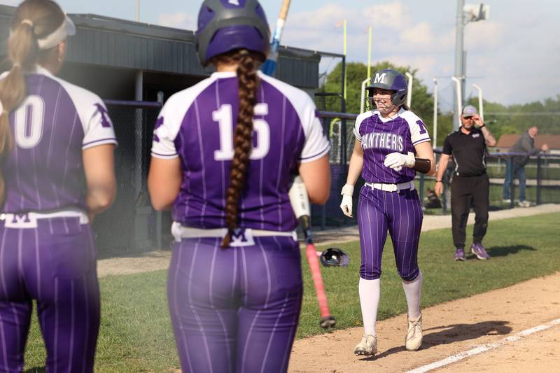 Manteno's Aubrie Goudreau smiles as she nears home plate following her home run during Manteno's 11-1 loss to Seneca on Friday, May 8, 2026.
