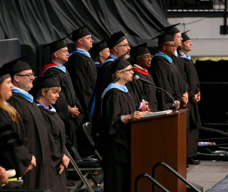 Oswego East High School Principal Mrs. Laura Bankowski speaks at the Oswego High School Class of 2024 Commencement Ceremony on Saturday, May 18, 2024 in DeKalb.