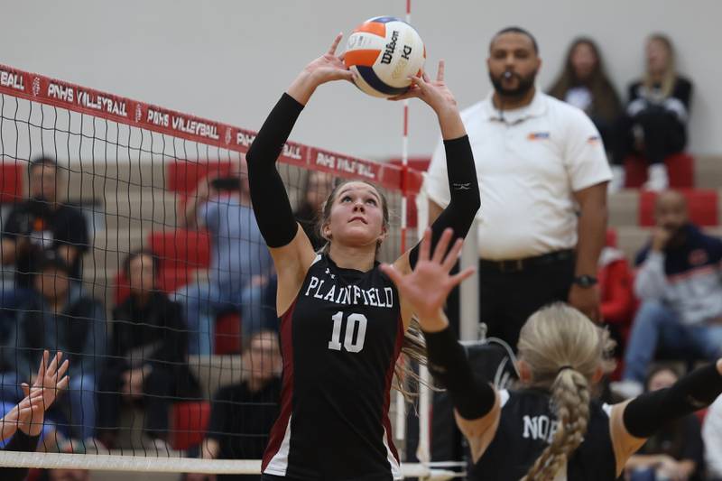 Plainfield North’s Ella Strausberger sets the ball against Plainfield East on Tuesday, Oct. 10, 2023 in Plainfield.