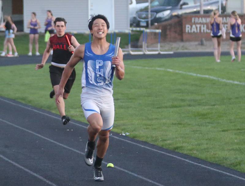 Princeton's Andrew Peacock runs in the 4x200 meter relay during the Ferris Invitational on Monday, April 15, 2024 at Princeton High School.