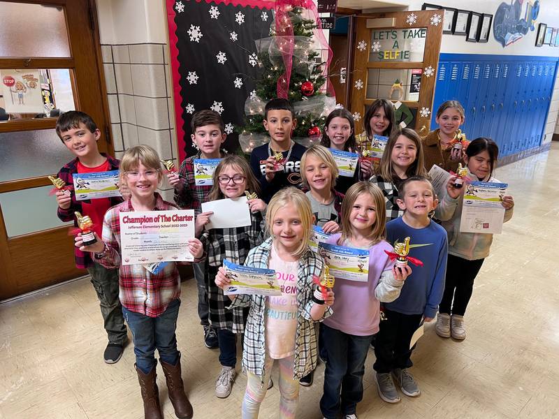 Jefferson Elementary School in Ottawa announced its Champions of the Charter for December 2022. They are kindergartners Theo J., Carson L.; first graders Hunter M., Trenton M., and Anna L.; second graders Stephanie G., Heaven H., and Lamar B.; third graders Jack L., Jillian D., and Baylee C.; and fourth graders Chloe S., Gracie R., David C., and Angelee O.