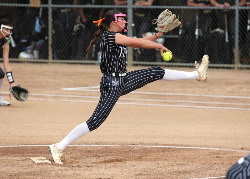 Crystal Lake Central's Oli Victorine delivers a pitch Tuesday, June 3, 2025 during their Class 3A sectional semifinal game against Sycamore at Sycamore High School.