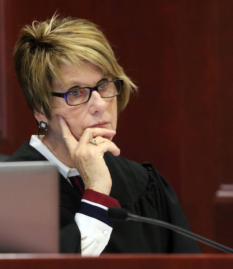 Judge Robbin Stuckert listens as attorney Bob Motta of Aurora submits a motion to suppress evidence relating to the criminal felony charge involving the possession of and dissemination of child pornography for his client Corey Butler, Pastor at Jesus Is The Way Christian Center in DeKalb, on Wednesday, Nov. 1, 2017 at the DeKalb County Courthouse Sycamore.  Butler had been offered a plea deal in the April 2015 charge but is choosing to fight the charges in court.  He is due in court again on Jan. 4; a trial date has not yet been set.