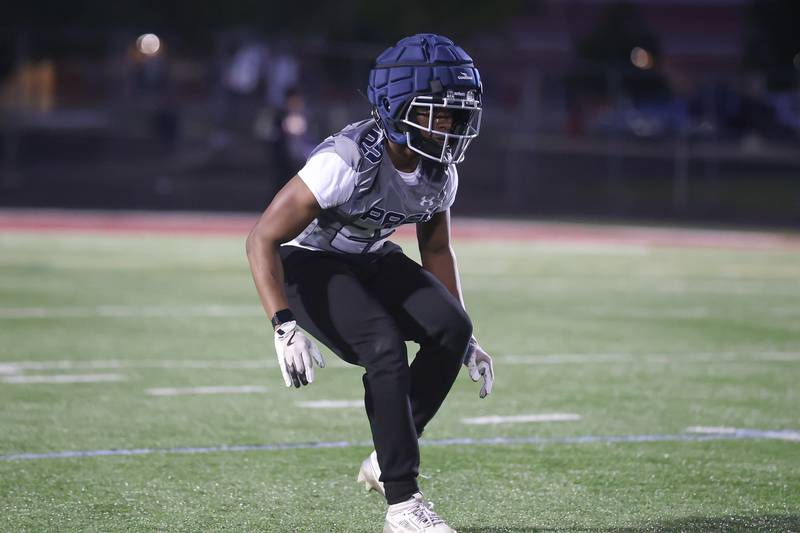 Oswego East’s LaTerrion Thomas runs a drill at the IHSA Southwest Suburb Showcase combine on Thursday, May 7, 2026 at Plainfield North High School.