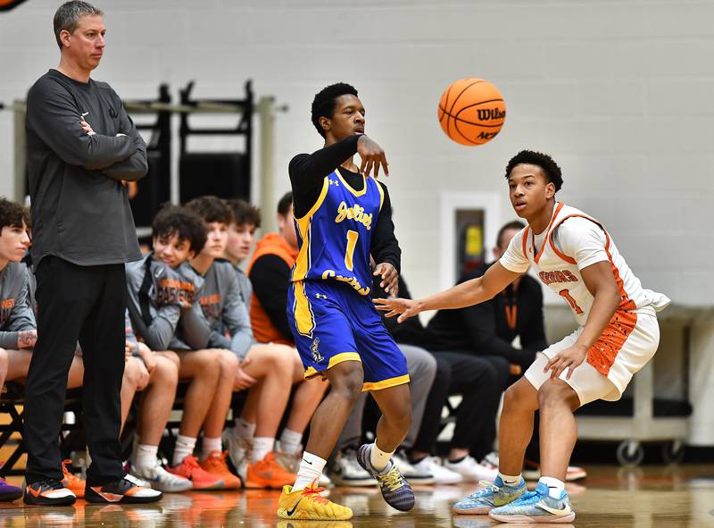 Joliet Central's Bernal Fox (1) passes the ball during the 4A Lockport Regional game against Lincoln-Way West on Monday, FEB. 23, 2026, at New Lenox.
