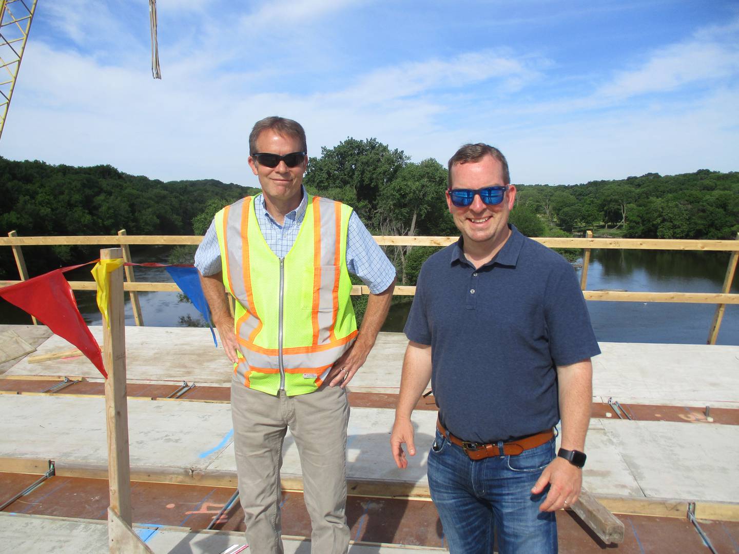 Kendall County Highway Engineer Fran Klaas, left, and county board Chairman Scott Gryder during an inspection tour of the Eldamain Road bridge, which commands picturesque views of the Fox River and surrounding forest preserve lands. (Mark Foster -- mfoster@shawmedia.com)