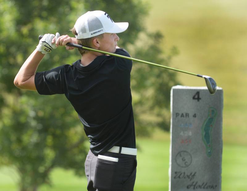 Byron's Landon Smith watches his tee shot on hole #4 at  the 1A Pearl City Regional on Wednesday, Oct. 1, 2025 at Wolf Hollow Golf Course in Lena.