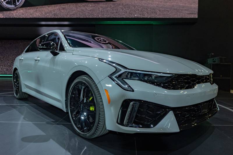 The KIA K4 stands on a platform at the 2024 New York International Auto Show, Wednesday, March 27, 2024, in New York. (AP Photo/Peter K. Afriyie)