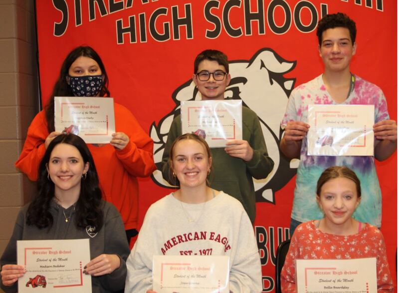 Streator High School students of the month for February 2024 are pictured. They are (from left, front) Madison Bedeker, Josie Goerne and Bella Beardsley, (back) Sapphire Darby, Michael Smith and Klay Schaffner. Not pictured are Chase Lane, Anahi Serna, Destiny Gallup and Danielle Giacinto.