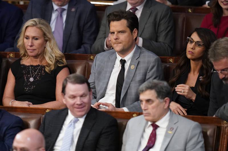 Rep. Marjorie Taylor Greene. R-Ga., left, Rep. Matt Gaetz, R-Fla., center, and Rep. Lauren Boebert, R-Colo., listen during the 15th round of votes in the House chamber as the House enters the fifth day trying to elect a speaker and convene the 118th Congress in Washington, early Saturday, Jan. 7, 2023. (AP Photo/Alex Brandon)