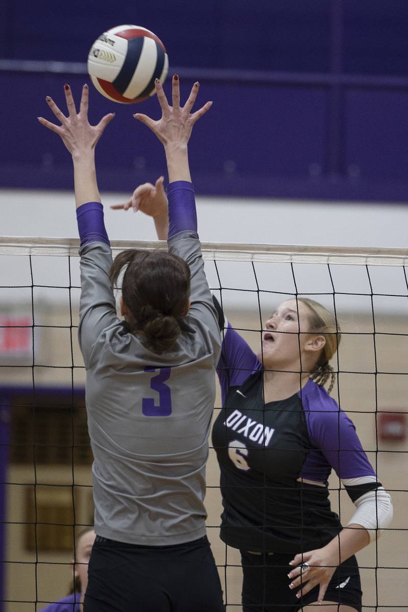 Dixon’s Rayven Mowery plays the ball against Rochelle’s Kyrie Cragin Thursday, August 28, 2025.