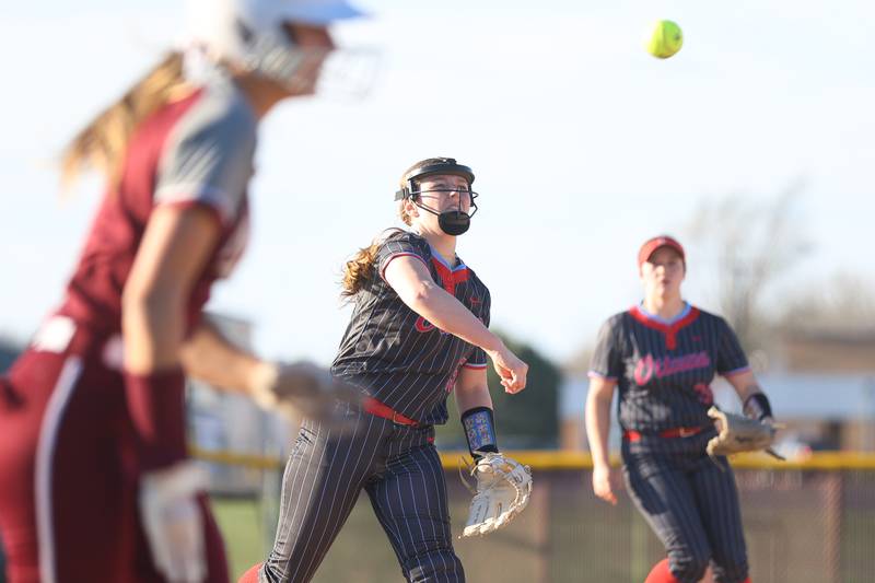 Ottawa’s Addie Russell throws to first for the out against Morris on Wednesday, April 8, 2026 in Morris.