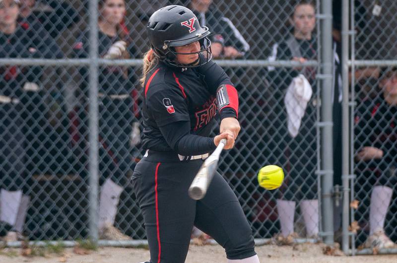 Yorkville's Avery Nehring (9) doubles against Neuqua Valley during a softball game at Yorkville High School on Wednesday, April 6, 2022.