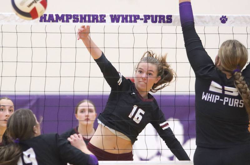 Prairie Ridge’s Addy Grider hits the ball in varsity girls volleyball at Hampshire High School in Hampshire on Tuesday, Sept. 2, 2025.