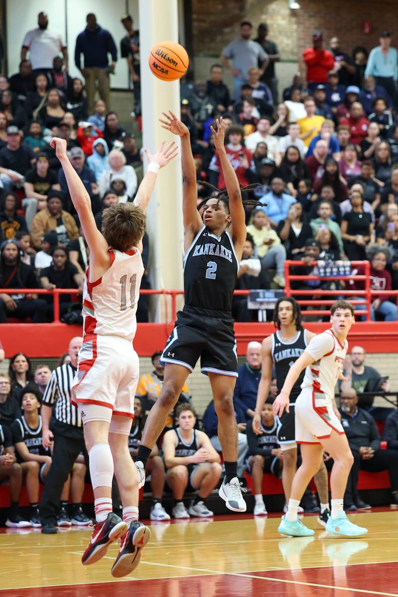 Kankakee's Kenaz Jackson puts up a shot during the Kays' 61-48 loss to Morton in the IHSA Class 3A Ottawa Sectional championship on Friday, March 6, 2026.