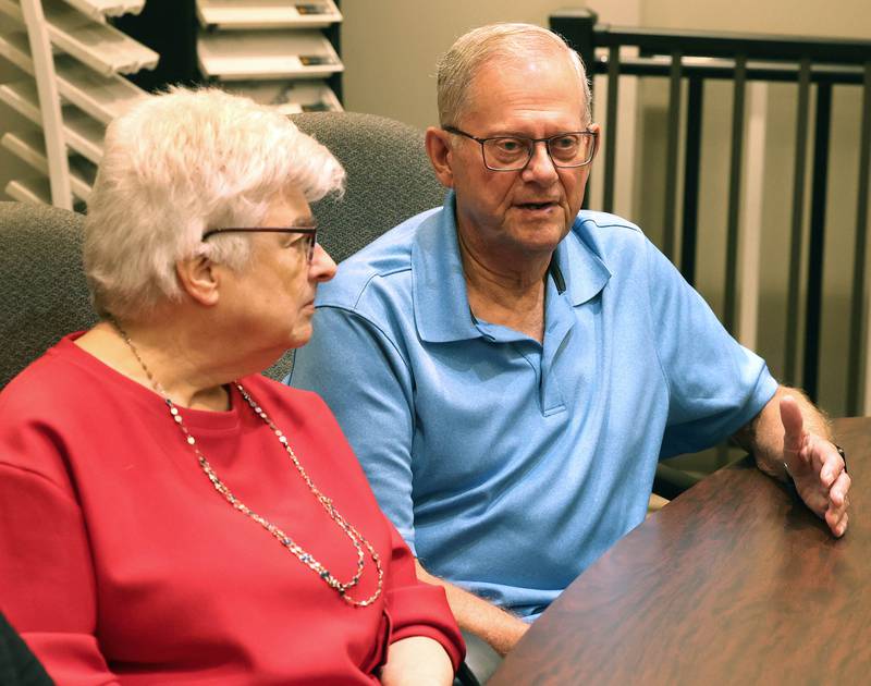 Ken Spears, Ken Spears Construction founder, talks about how things have changed since he started the company as his wife Kathy Spears listens along Friday, Aug 22, 2025, at the business in DeKalb. The company is celebrating its 50th anniversary this year.