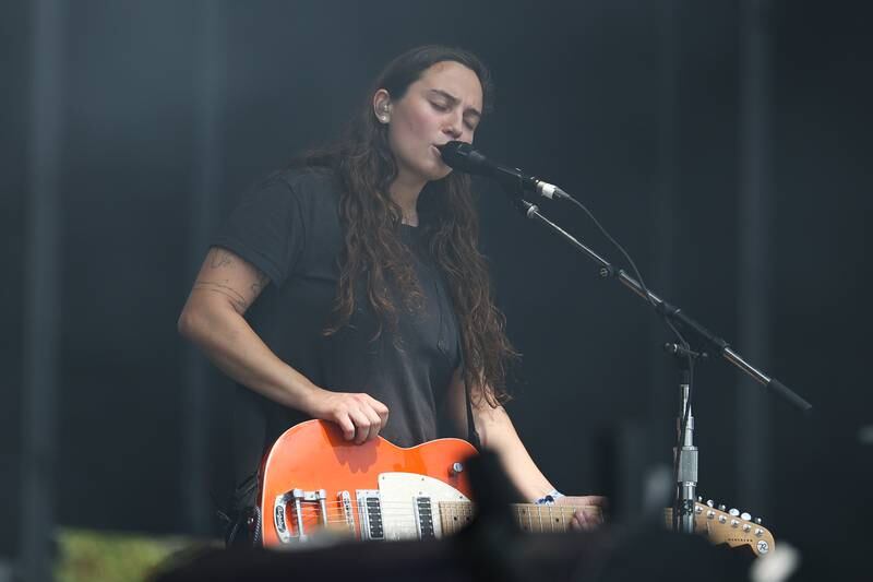 Sincere Engineer lead singer Deanna Belos performs on the Bud Light stage at Lollapalooza on Friday, Aug. 4 in Chicago.