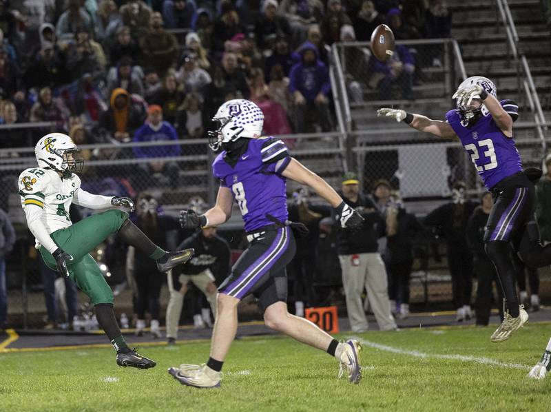 Dixon’s Jake Whelan blocks a punt by Coal City’s Theo Fritz Friday, Nov. 7, 2025.