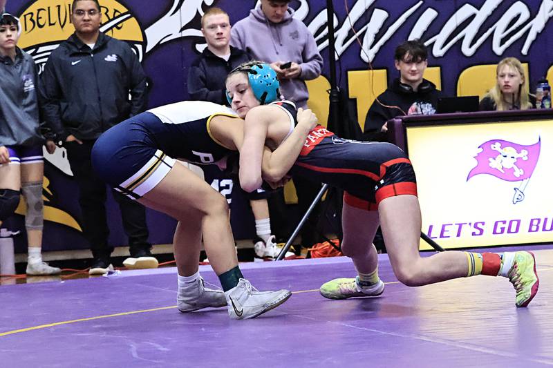 Erie-Prophetstown’s Rozlyn Mosher quickly took down Polo's Ella Gonzalez to win the first match of the 110 pound weight class Saturday, Feb. 7, 2026, at Belvidere High School for the girls IHSA Regionals wrestling tournament. With her 2nd place win, Mosher advances to the sectionals meet next weekend.