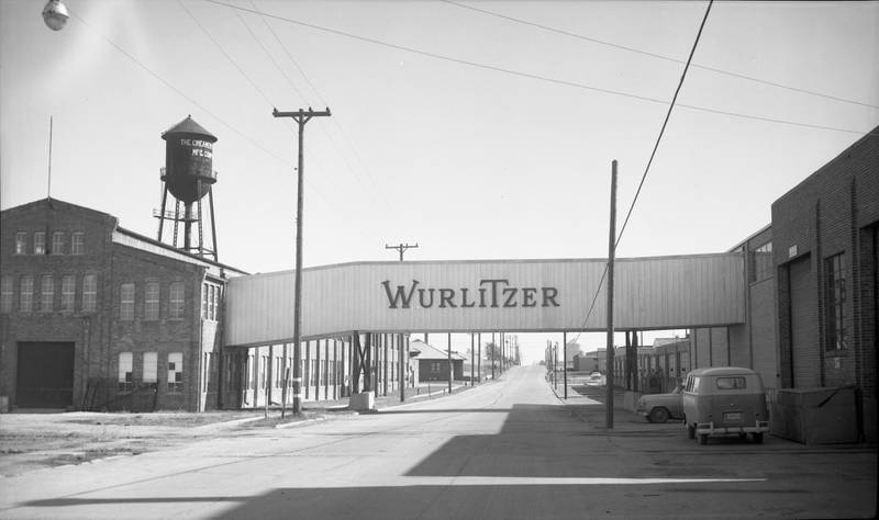Wurlitzer Piano Company overpass above Pleasant Street in DeKalb, looking east in October 1969.