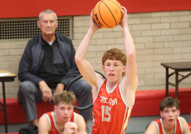 Streator's Jackson Studnicki looks to pass the ball during the Dean Riley Shootin' The Rock Thanksgiving Tournament on Monday Nov. 24, 2025 in Kingman Gymnasium at Ottawa High School.