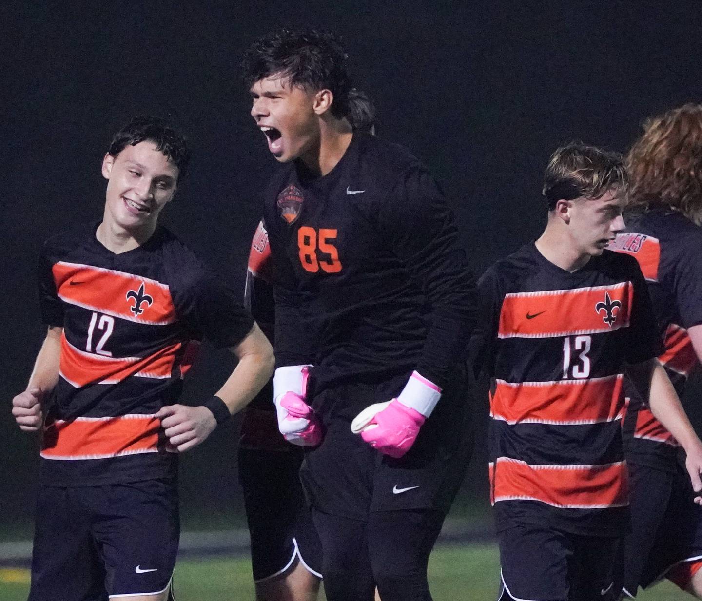 St. Charles East's Jordan Rolon (85) reacts after a goal against West Chicago during a class 3A sectional semifinal soccer match at West Chicago High School on Wednesday, Oct. 25, 2023.
