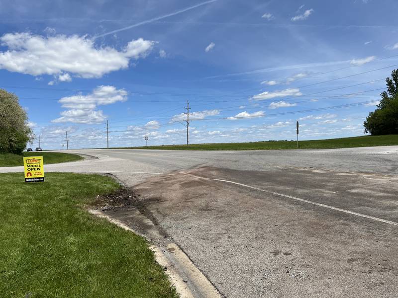 The intersection of Route 52 and Baker Road in Manhattan Township, seen on Sunday, May 22, 2022. Dark marks were still visible on the roadway where a crash occurred on Saturday, May 21, 2022, that left three people dead.
