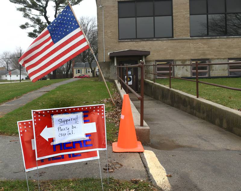 The sign at Mt. Morris Village Hall, which served as the precinct's polling place for the April 4, 2023, election, cautioned voters to be careful when entering because of a hail storm that hit the area that morning.