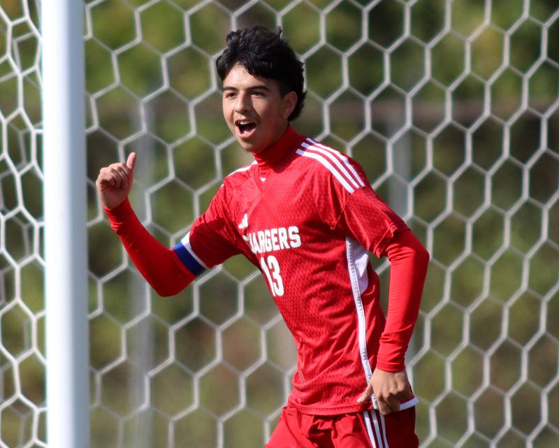 Dundee-Crown’s Mauricio Ruiz celebrates after scoring against St. Charles East in IHSA Class 3A Regional Championship soccer at Dundee-Crown High School in Carpentersville on Saturday, October 25, 2025.