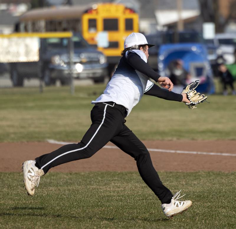 Rock Falls’ Carter Hunter snags a pop-up bunt against Princeton Thursday, March 27, 2025. The Rockets were able to turn the attempt into a triple play.