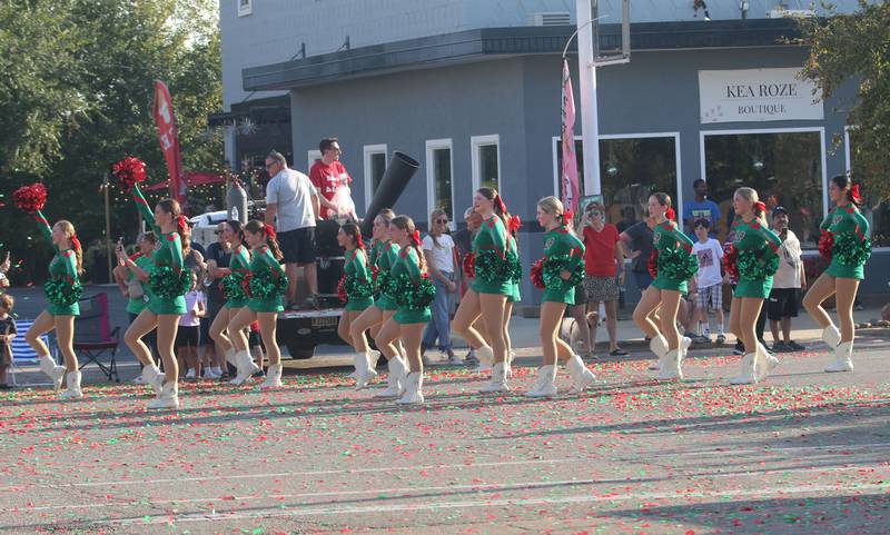 The L-P Cavalettes march through confetti during the L-P homecoming parade on Thursday, Oct. 2, 2025 downtown La Salle.