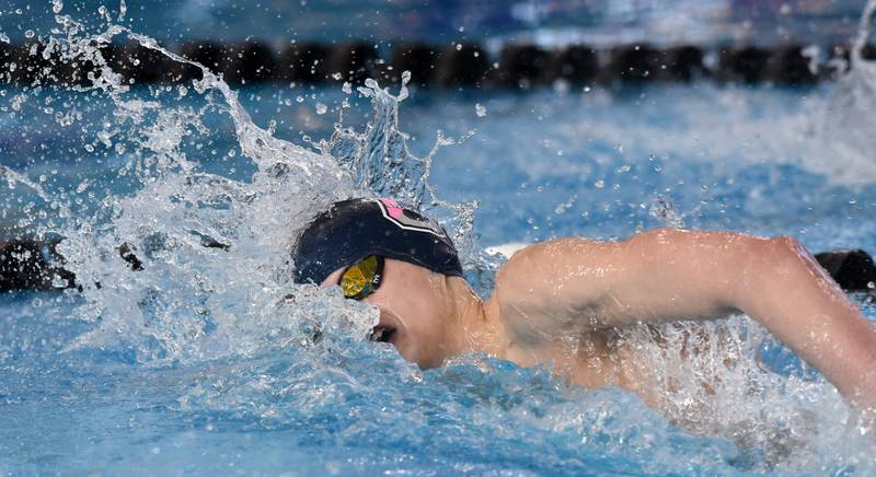Oswego’s Chase Maier swims the 500-yard freestyle during the boys state swimming and diving finals at FMC Natatorium on Saturday, Feb. 24, 2024 in Westmont.