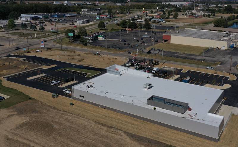 An aerial view of Aldi located at the intersection of Backbone and North Main Street on Thursday, Oct. 9, 2025 in Princeton. The store is expected to open next month. A Jersey Mikes Subs has also been confirmed on the site. Construction on the building should start either next week. The Princeton Jersey Mike's is slated to open in Spring 2026.