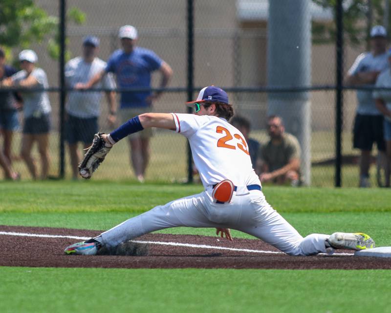 Oswego's Cade Duffin (23) takes the throw at first to complete a double play to end the inning during Class 4A Romeoville Sectional final game between Oswego East at Oswego.  June 3, 2023.