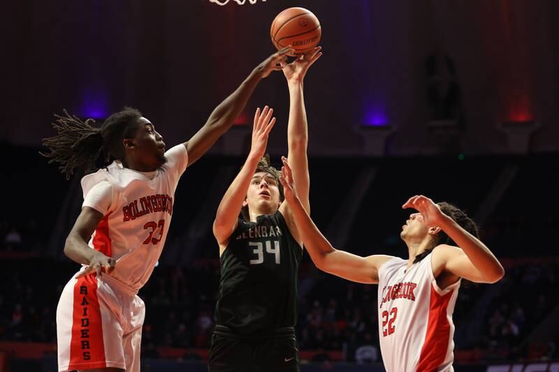 Glenbard West’s Braden Huff puts up a shot against Bolingbrook in the Class 4A semifinal at State Farm Center in Champaign. Friday, Mar. 11, 2022, in Champaign.