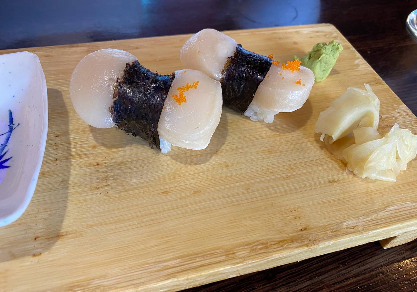 My fellow diner also selected a plate of nigiri scallops at Yummy Asian Bistro.