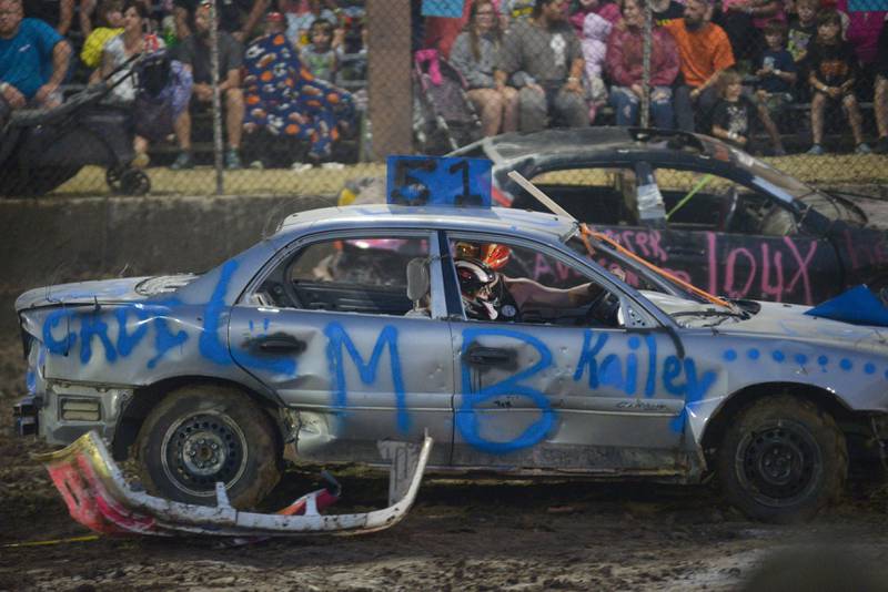Ethan Bocker, of Forreston, drives his car (51) in the Compact Heat at the Ogle County Fair's demolition derby on Saturday, Aug. 2, 2025.